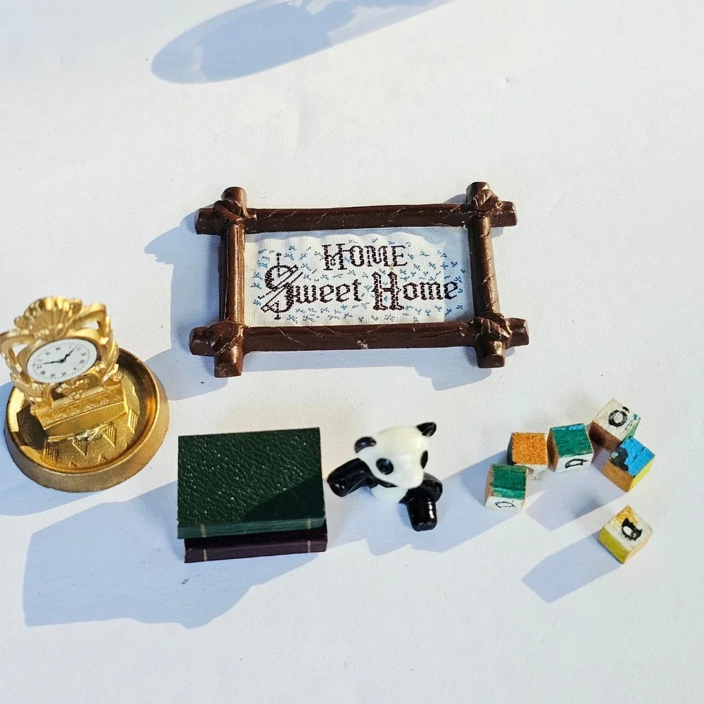 Vintage Dollhouse Accessories Lot Gold Clock‎ Home Sweet Home Sign Panda Blocks